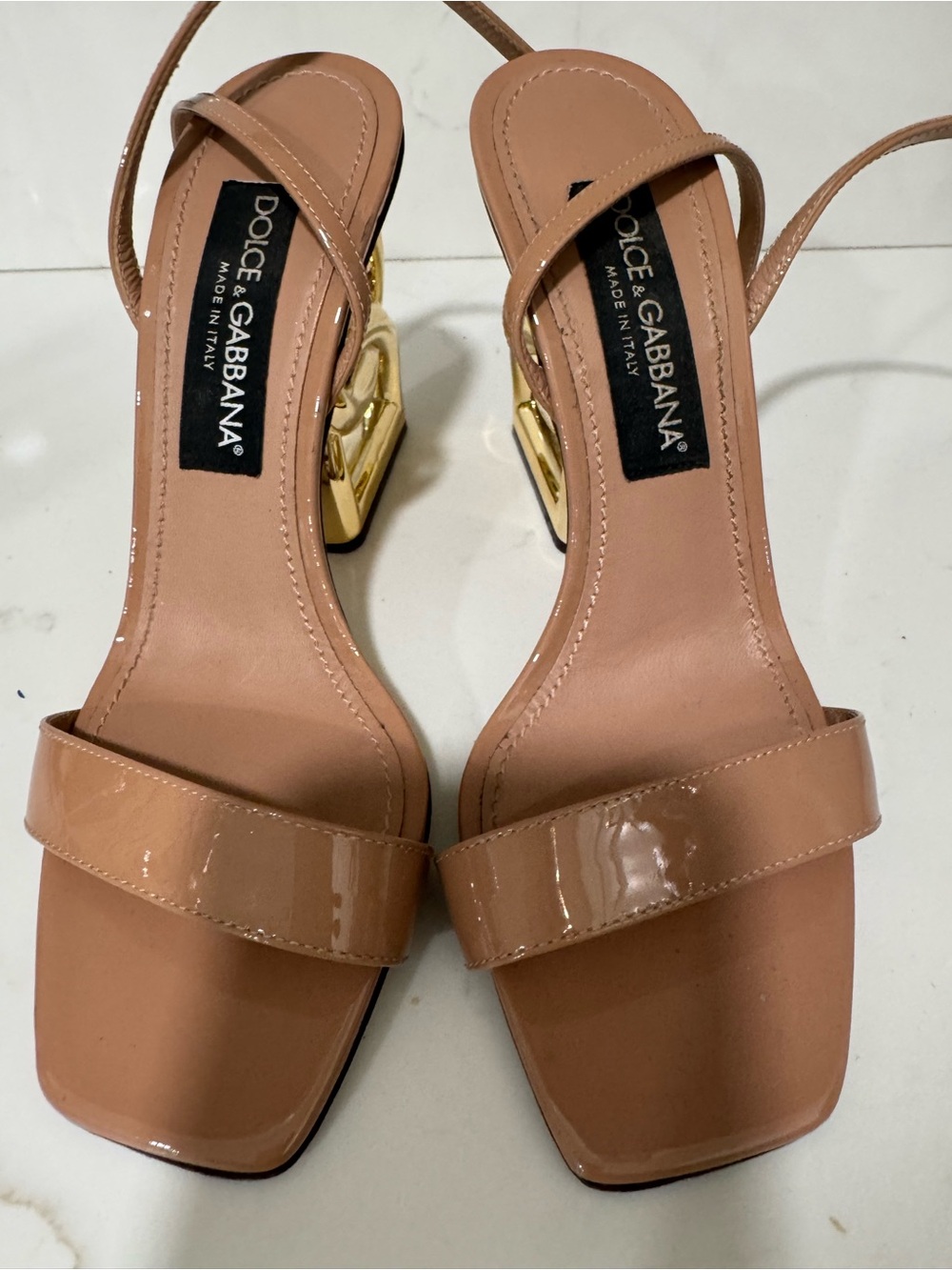 Dolce & Gabbana Nude Patent Slingback Sandals with Gold Sculpted Heel Accent